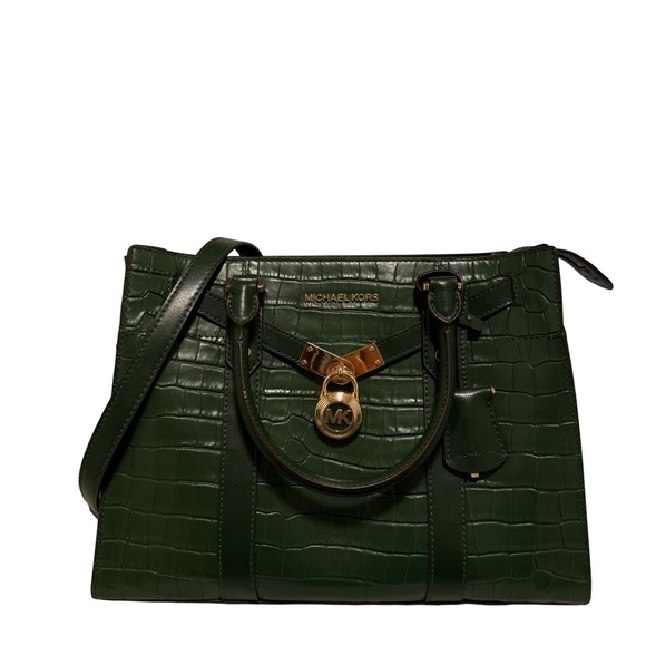 Michael Kors Nouveau Hamilton Crocodile Embossed Leather Satchel Moss - Picture 1 of 13